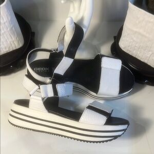 Geox Black and White Platform Sandals with Striped Sole